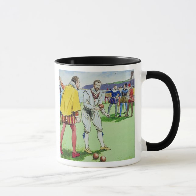 Sir Francis Drake (1540/3-96) playing bowls, from Mug (Right)