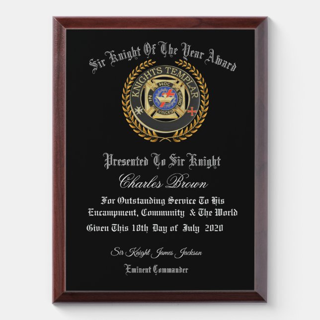Sir Knight of the year Award Plaque (Vertical)