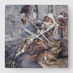 “Sir Lancelot Slays the Dragon” by Arthur Rackham Square Wall Clock