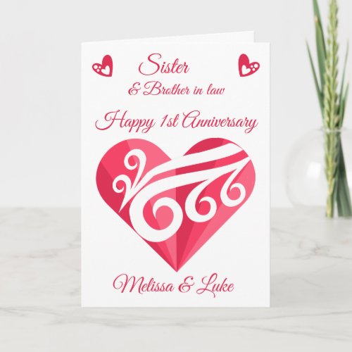 Sister 1st Wedding Anniversary Pink Heart Card