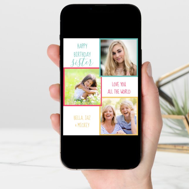 Sister 3 Photo Collage Personalized Birthday Card (Front Digital)