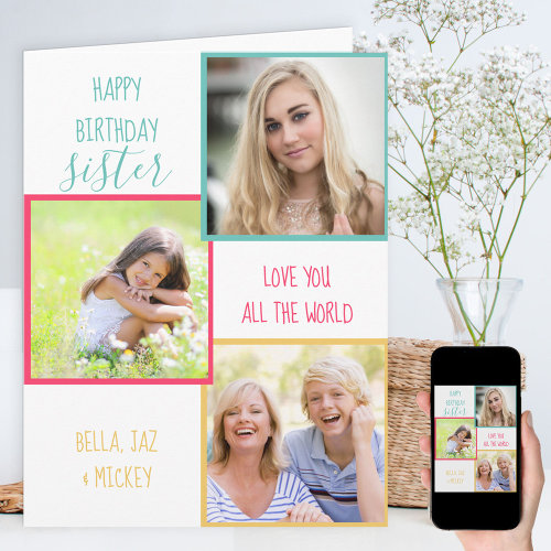 Sister 3 Photo Collage Personalized Birthday Card