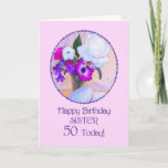 Sister, 50th birthday with painted flowers. card<br><div class="desc">A simple but elegant 50th birthday card for a sister,  with a flower painting. A painting of a vase of flowers is framed in daisies. The whole is on a delicate pink background. The inside message can be changed to your requirements.</div>