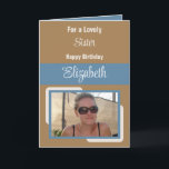 Sister add name photo blue brown birthday card<br><div class="desc">For a lovely sister birthday card.
Personalize this Greetings Card with a photo and a name.
Designed in blue,  brown and cream.</div>