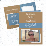 Sister add name photo blue brown birthday card<br><div class="desc">For a lovely sister birthday card.
Personalize this Greetings Card with a photo and a name.
Designed in blue,  brown and cream.</div>