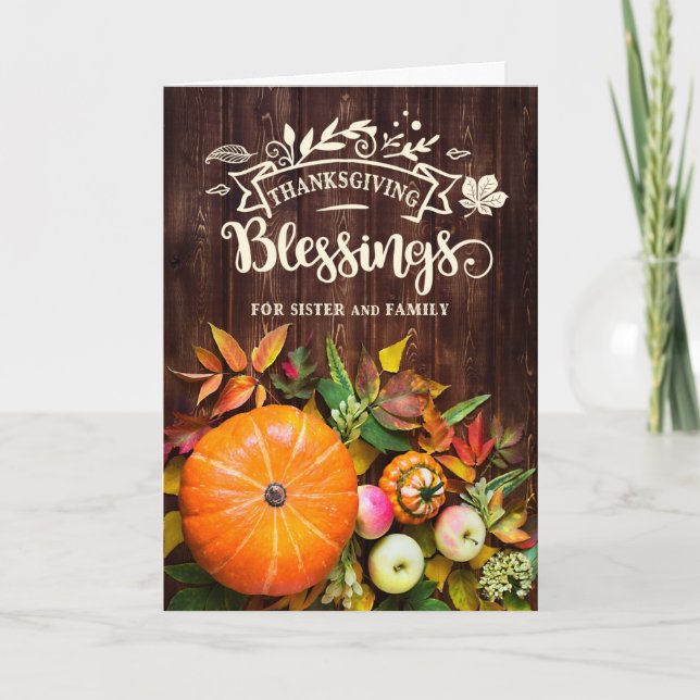 Sister and Family Thanksgiving Blessings Pumpkins Holiday Card (Front)