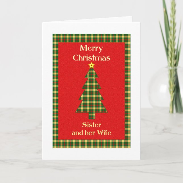 Sister and her Wife Tartan Christmas Tree Holiday Card (Front)