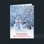 Sister and Husband Brother in Law Cute Christmas Card<br><div class="desc">A fun way to send many happy thoughts to a wonderful sister and her husband, your brother in law. A darling snowman, holds up a glass of wine as if in a toast, as the snow falls.</div>