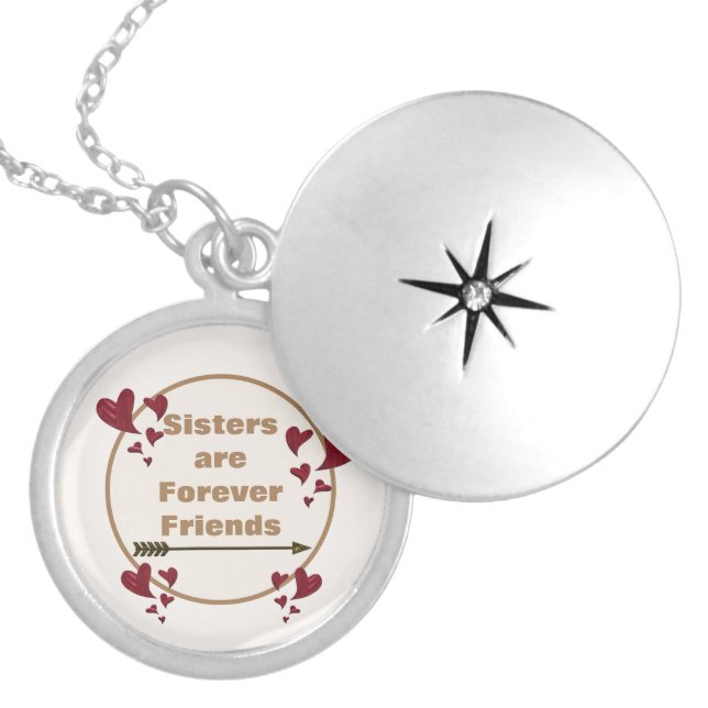 Sister are Forever Friends Gold Arrow Red Hearts Locket Necklace (Front)