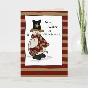 Sister at Christmas Country Snowman Black Hat Holiday Card