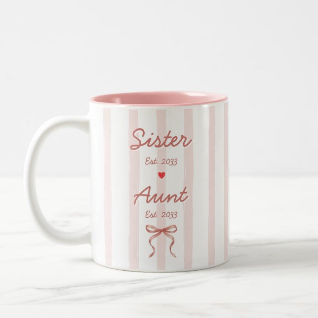 Sister & Aunt Custom Dates Pink Stripes Coquette Two-Tone Coffee Mug (Left)