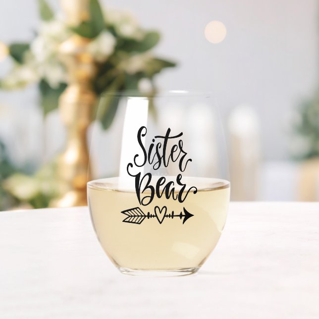 Sister Bear Tribal Calligraphy Personalized Stemless Wine Glass (Insitu (Wedding))