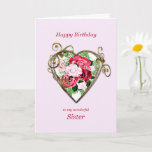 Sister Birthday Antique Painted Roses Card<br><div class="desc">A romantic birthday card. A painting of roses is framed by an embellished golden heart. Give your sister a birthday greeting with a beautiful painting of a bouquet of roses.</div>