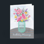 Sister Birthday Blessings Jar Vase with Flowers Card<br><div class="desc">Send your Sister blessings not just on her birthday but throughout the year. Pretty watercolor-looking flowers in a mason jar vase are set on a striped tablecloth. Perfect religious birthday card for your Sister.</div>