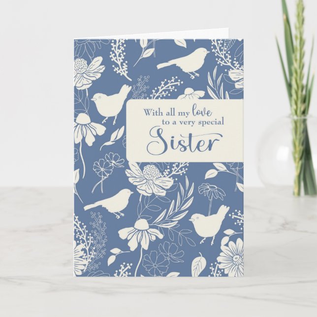 Sister Birthday Blue Birds and Blossoms  Card (Front)