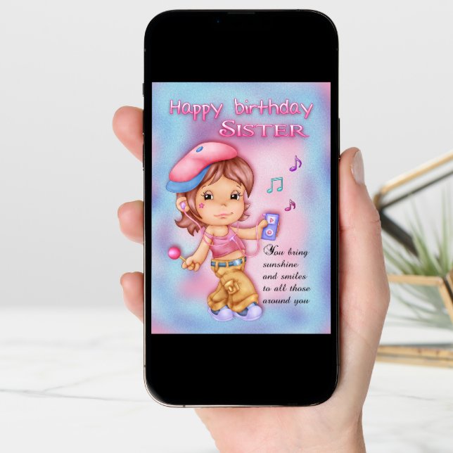 Sister Birthday Card - Cute Girl With Music (Front Digital)