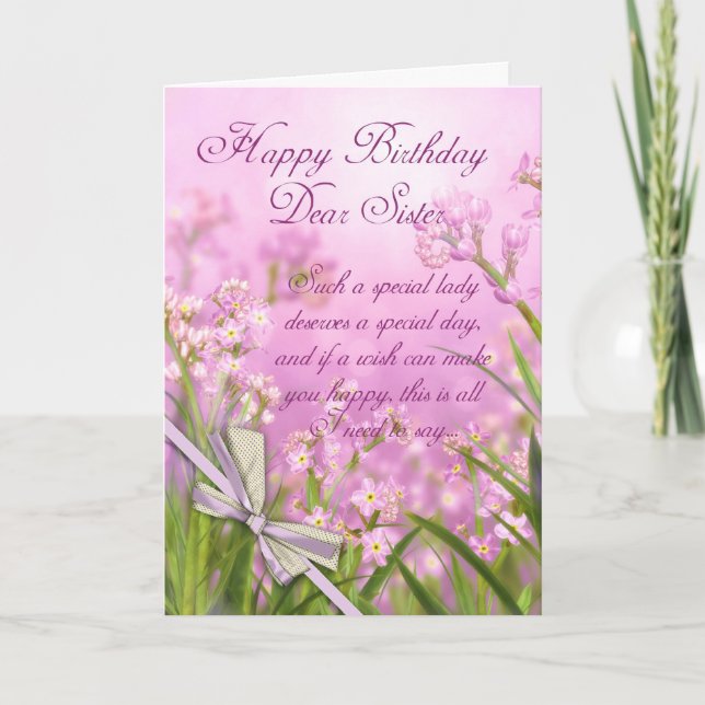 Sister Birthday Card - Pink Feminine Floral With V (Front)
