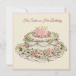 Sister Birthday Card Vintage Flower Cake and Poem<br><div class="desc">Editable text on the front reads "For Sister on her Birthday." Beautiful illustration of a delicate pink and white cake decorated with daisy flowers and pink roses. Vintage poem about sisters and birthday wishes on the back.</div>