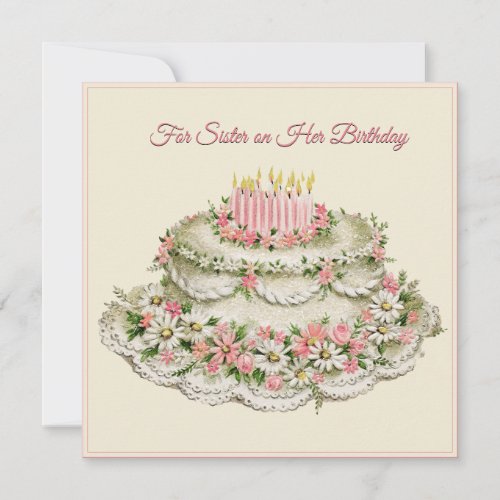Sister Birthday Card Vintage Flower Cake and Poem 