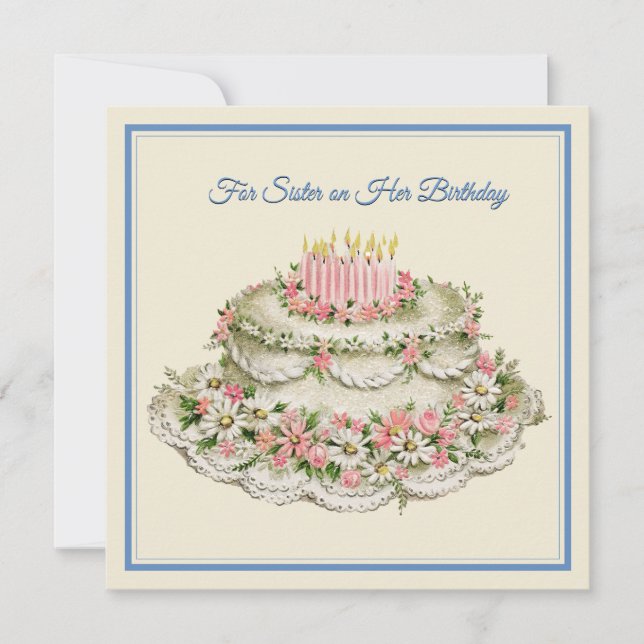 Sister Birthday Card Vintage Flower Cake and Poem  (Front)
