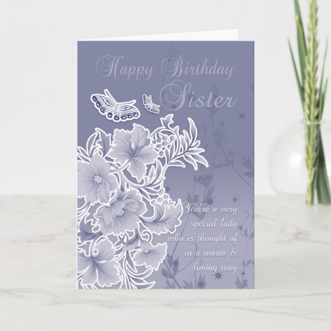Sister, Birthday Card With Flowers And Butterflies (Front)