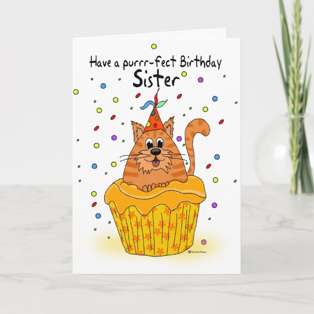 sister birthday card with ginger cupcake cat (Front)
