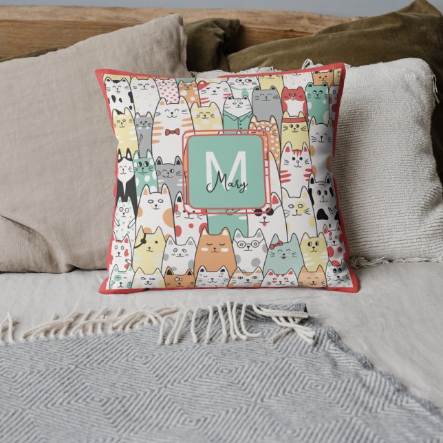Sister Birthday Cat Kitties Name Monogram Throw Pillow (Creator Uploaded)