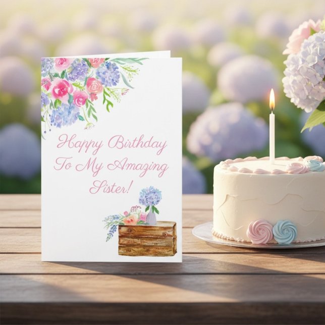Sister Birthday Floral Watercolor Hydrangea Roses Card (Creator Uploaded)