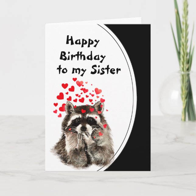 Sister Birthday Hugs & Kisses Raccoon Animal Card (Front)
