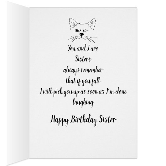 Sister Birthday Humor Quote Winking Cat Fun (Inside (Right))