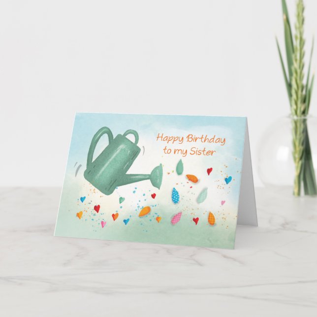 Sister Birthday Watering Can Sprinkling Hearts Card (Front)