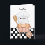 Sister Birthday Whimsical Gnome Baker Baking Card<br><div class="desc">The birthday greeting card for your sister is a whimsical masterpiece, featuring a charming gnome fully immersed in the enchanting world of baking. This delightful card has been crafted in a captivating black and white palette, creating a timeless and creative aesthetic that adds a touch of sophistication to the celebration....</div>