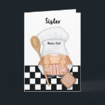 Sister Birthday Whimsical Gnome Chef Cooking Card<br><div class="desc">The checkered background adds a touch of nostalgia and warmth, reminiscent of cozy kitchens and family gatherings. The pot holder and wooden spoon accentuate the culinary theme, conveying a sense of festivity and delicious delights. This card not only conveys birthday wishes to your sister but also brings a playful and...</div>