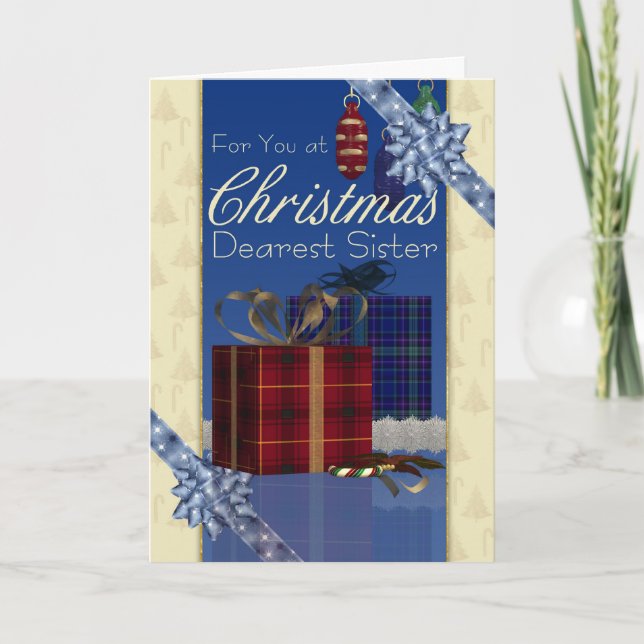 Sister Christmas Card - Stylish With Gifts And Bow (Front)