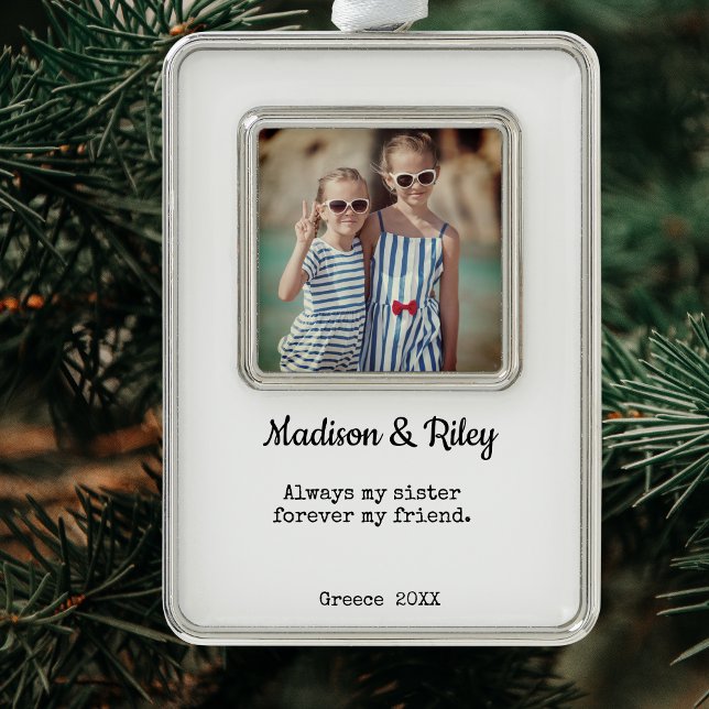 Sister Christmas Holiday Photo Framed Ornament (Sister Custom Photo Christmas Keepsake Ornament in Modern Minimalist Style.)