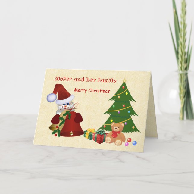 Sister.Christmas.Santa,tree,teddy bear,presents Holiday Card (Front)