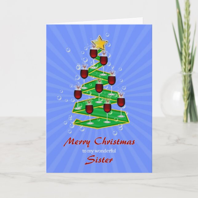 Sister, Christmas Tree with Wine Holiday Card (Front)