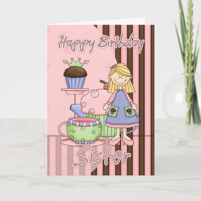 Sister Cute Birthday Card - Cupcakes And Tea (Front)