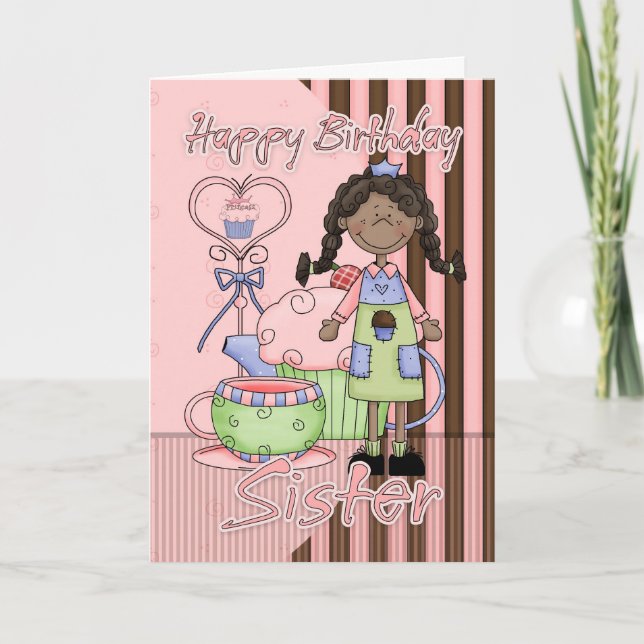 Sister Cute Birthday Card - Cupcakes And Tea - Afr (Front)