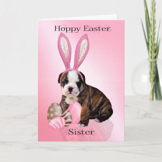 Sister Cute Easter Bulldog Puppy With Eggs Holiday Card (Front)