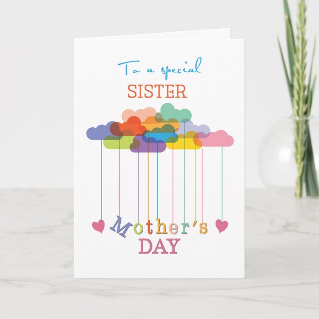 Sister, Cute Mother’s Day Rainbow Clouds and Heart Card (Front)