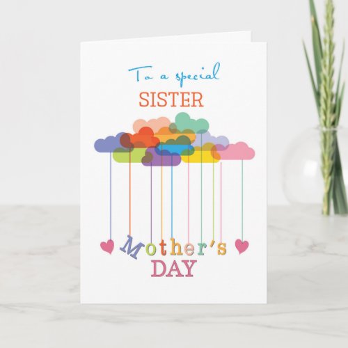 Sister Cute Mothers Day Rainbow Clouds and Heart Card