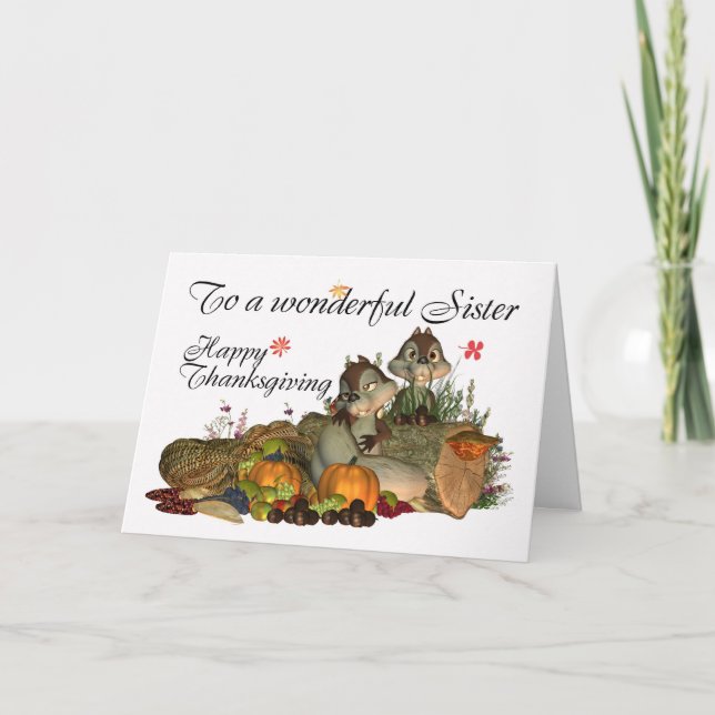 Sister, Cute Thanksgiving Card With Cornucopia, Sq (Front)