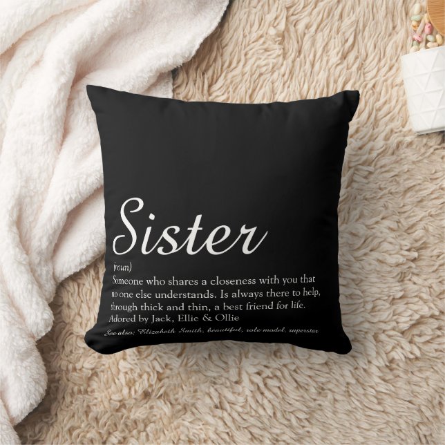 Sister Definition Chic Script Black and White Throw Pillow (Blanket)