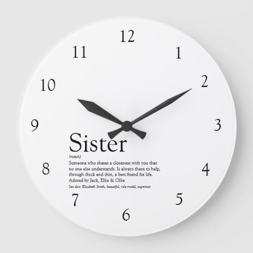 Sister Definition Quote Black and White Large Clock