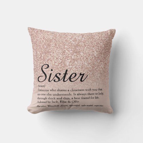 Sister Definition Rose Gold Glitter Chic Script Throw Pillow