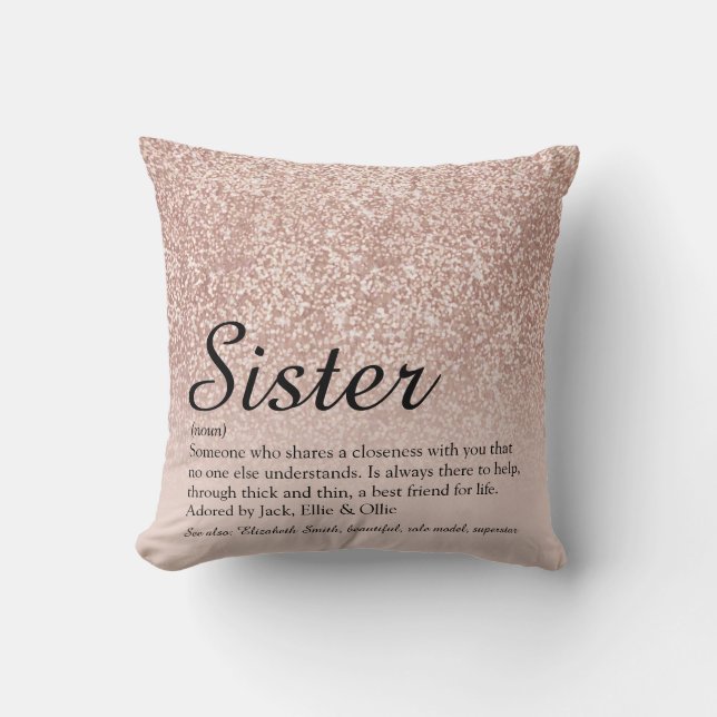Sister Definition Rose Gold Glitter Chic Script Throw Pillow (Front)