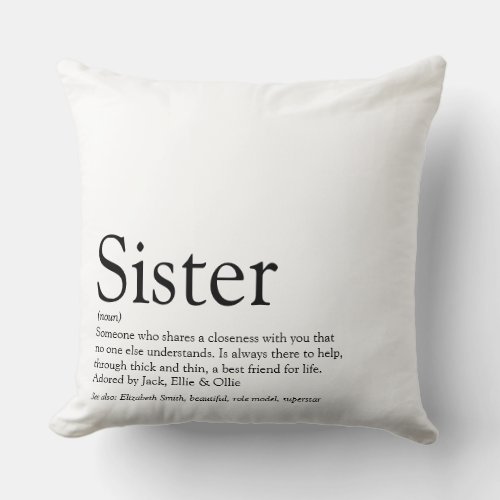 Sister Definition Saying Black and White Large Throw Pillow