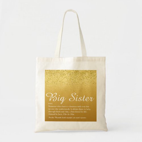 Sister Definition Script Gold Glitter Glam Tote Bag