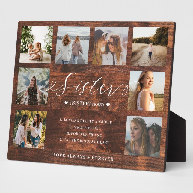 Sister Definition Script Photo Collage Woodgrain Plaque (Side)